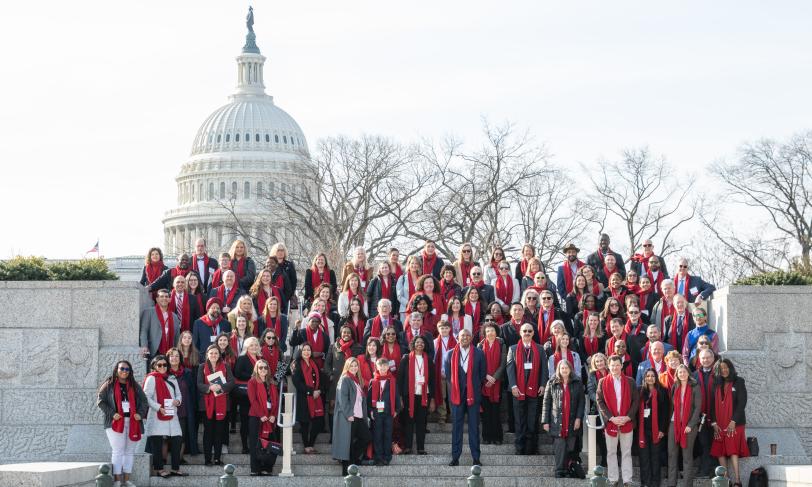 A large group of people stand in front of the United States Capitol building.